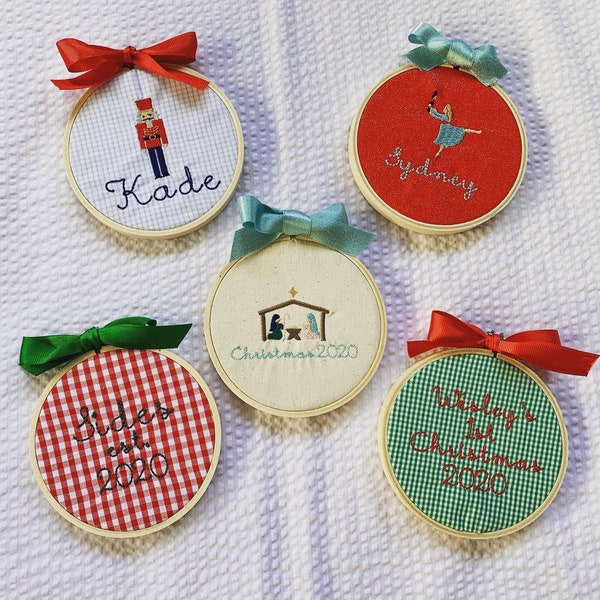 Embroidered hoop Christmas ornaments