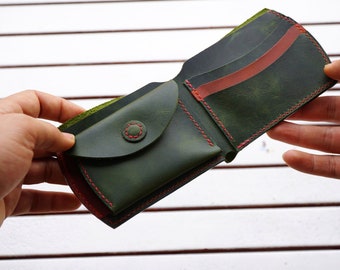 Back Pocket Wallet With Coin Purse, Wallet For Men, Green Leather Wallet, Personalized Gift For Him,  Bifold Leather Wallet With Coin Pouch