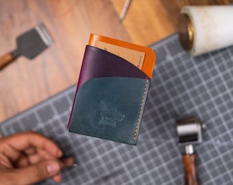 Colorful Minimalist Leather Card Holder, Personalized Card Holder Case, Purple / Orange Colour Wallet, Gift For Him, Energizing Wallet