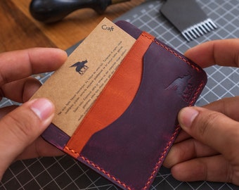Tarjetero de cuero fino para él, Cartera de cuero con bolsillo delantero, Tarjetero minimalista morado y naranja, Regalo personalizado para cumpleaños
