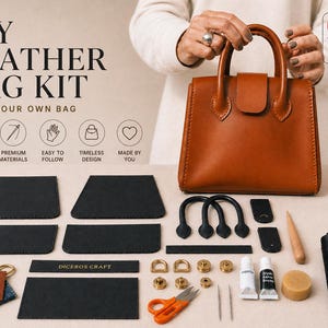 May include: A leather bag making kit with various components arranged on a surface. The kit includes pre-cut leather pieces, tools, and a finished brown leather handbag. The image text reads "DIY Leather Bag Kit" and "Make Your Own Bag".