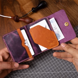 Carteira de couro colorida masculina, carteira minimalista com bolso frontal, presente para ele, porta-cartões personalizado, carteira roxa dobrável, dia dos namorados