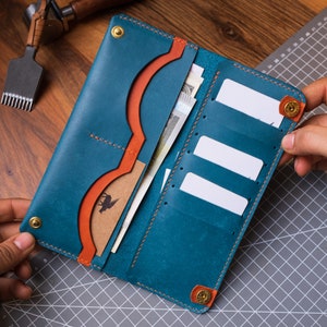 Cartera larga de cuero hecha a mano regalo para madre, tarjetero colorido, regalo energizante, cartera larga de embrague, regalo de color turquesa, cartera imagen 1