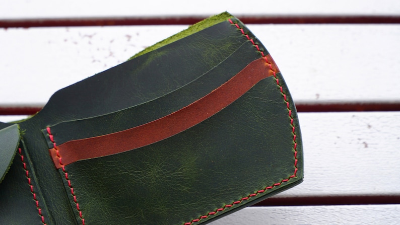 Cartera de bolsillo trasero con monedero, cartera para hombre, cartera de cuero verde, regalo personalizado para él, cartera de cuero plegable con monedero imagen 4