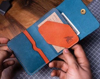 Front Pocket Wallet, Gift For Men, Minimalist Bifold wallet, Personalized Valentines Day Gift, Orange Wallet Active,Handmade leather wallet