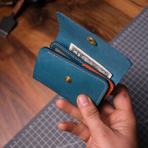 Cartera de bolsillo frontal, regalo para hombres, billetera plegable minimalista, regalo personalizado del día de San Valentín, billetera naranja activa, billetera de cuero hecha a mano imagen 5