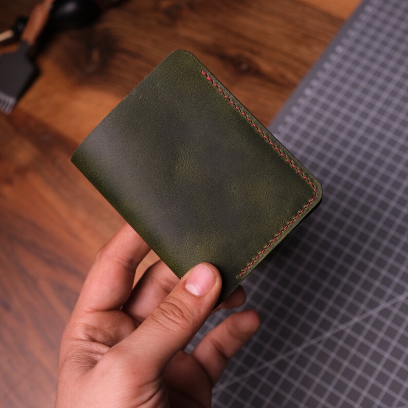 Colorful Man Leather Wallet, Minimalist Front Pocket Wallet, Gift For Him, Personalized Card Holder, Green Bifold Wallet, Valentines Day image 5