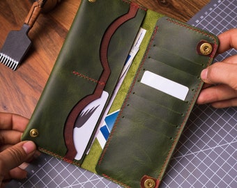 Cartera grande de piel verde para mujer, cartera plegable para regalar, tarjetero largo para hombre, cartera de piel personalizada para él.