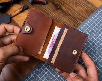 Cadeau personnalisé portefeuille en cuir véritable, petit porte-cartes, porte-cartes de visite en cuir pour hommes, portefeuille en cuir de poche avant minimal