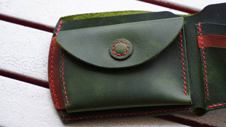 Cartera de bolsillo trasero con monedero, cartera para hombre, cartera de cuero verde, regalo personalizado para él, cartera de cuero plegable con monedero imagen 3