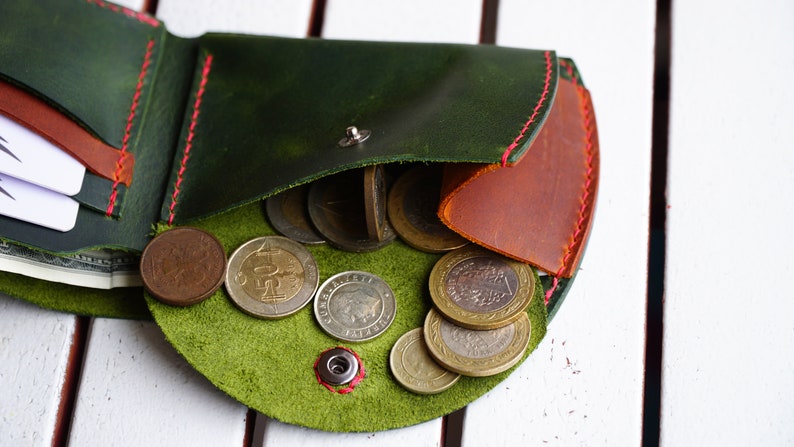 Cartera de bolsillo trasero con monedero, cartera para hombre, cartera de cuero verde, regalo personalizado para él, cartera de cuero plegable con monedero imagen 5
