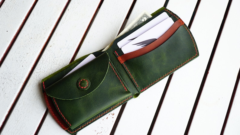 Cartera de bolsillo trasero con monedero, cartera para hombre, cartera de cuero verde, regalo personalizado para él, cartera de cuero plegable con monedero imagen 2