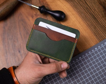 Slim Leather Card Case For Him,Front Pocket Leather Wallet, Green And Brown Minimalist Cardholder , Personalized Gift For Birthday,