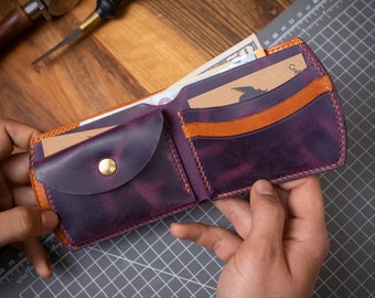 Cartera de cuero plegable para regalo del Día del Padre, Monedero de monedas, Regalo para hombres, Regalo personalizado, Cartera púrpura, Cartera colorida, Cartera de cuero
