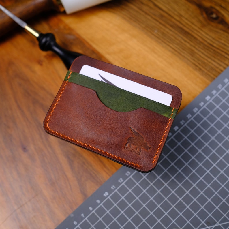 Slim Leather Card Case For Him,Front Pocket Leather Wallet, Green And Brown Minimalist Cardholder , Personalized Gift For Birthday, image 2