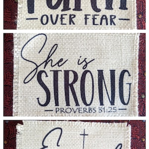 Faith Over Fear ~ She is Strong ~ Created with a purpose ~ His Grace is Enough ~ Forgiven ~ Sublimated raggy patch for hats, frayed edges