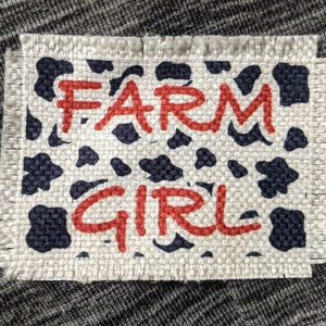 Farm Girl Cow Print background / Farm Girl Cow Shilhouette / Goat Silhouette ~ Sublimated raggy patch for hats, frayed edges