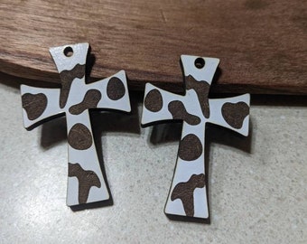 Wooden white board engraved cow print ear tag cross earring blanks no hardware