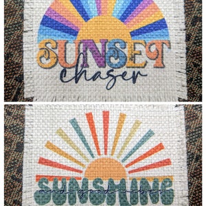 May include: Two square fabric coasters with a frayed edge. The top coaster features a colorful retro sun with the text "SUNSET chaser". The bottom coaster features a colorful retro sun with the text "SUNSHINE and good vibes".