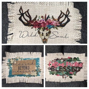 Blessed ~ Sublimation raggy patches for hats, ink printed, use with adhesive, 100% polyester, burlap, linen, frayed edges