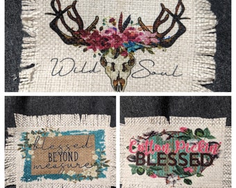 Blessed ~ Sublimation raggy patches for hats, ink printed, use with adhesive, 100% polyester, burlap, linen, frayed edges