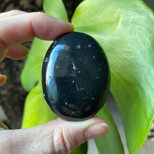 May include: A smooth, black obsidian palm stone with white inclusions. The stone is oval shaped and has a polished finish.
