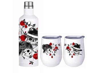 Red Rose, Skull, Couple, Gothic, Bottle Gift Set, Sublimation Design, Digital Download PNG, Instant DIGITAL ONLY