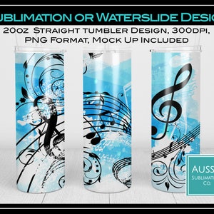 MUSIC Notes, Blue, White, Musical, 20oz Skinny Tumbler Sublimation Design, PNG Digital Download Only