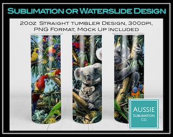 20 Unzen Skinny Tumbler Sublimationsdesign, Koala & Lorikeet, australischer Vogel, Aussie Animal, Tumbler Wrap, PNG Digital Download