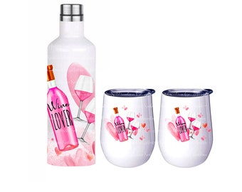 Wine Lover, Hearts, Pink, Wine Glass, Wine Bottle, Rose, Bottle Gift Set, Sublimation Design, Digital Download PNG, Instant DIGITAL ONLY