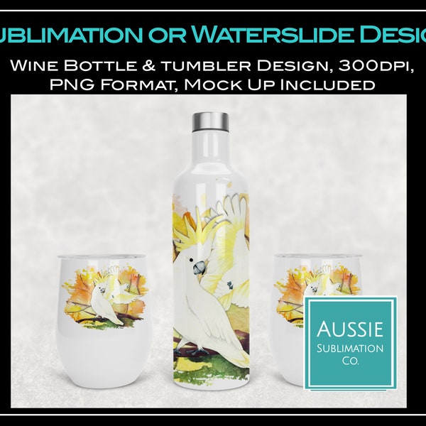 Aussie COCKATOO, Australian Bird, Watercolor, Bottle Gift Set, Sublimation Design, Digital Download PNG, Instant Digital Only