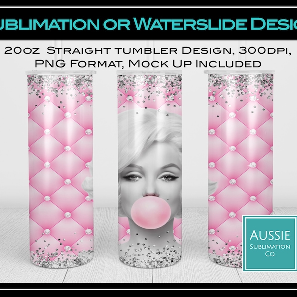 Pink Bubble Gum Marilyn Monroe Silver Glitter Sublimation Digital Download PNG Desingn 20oz Straight Skinny Tumbler Wrap