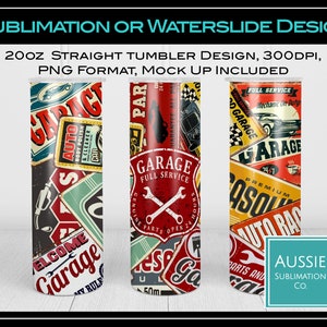 20 oz Skinny Tumbler, Vintage AUTO COLLAGE, Retro Tin Signs, Auto Signs, Sublimation Design, Tumbler Wrap, Download digitale PNG