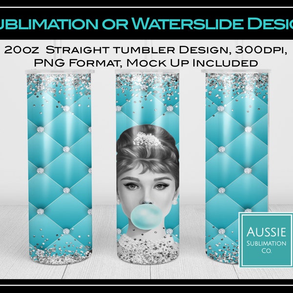 Blue Bubble Gum Audrey Hepburn Silver Glitter Sublimation Digital Download PNG Desingn 20oz Straight Skinny Tumbler Wrap