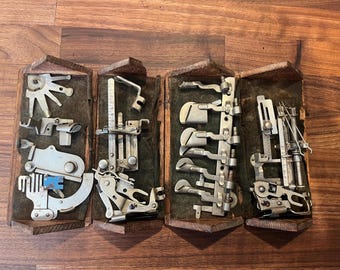 Vintage Singer Sewing Machine Attachments In Wood Puzzle Box