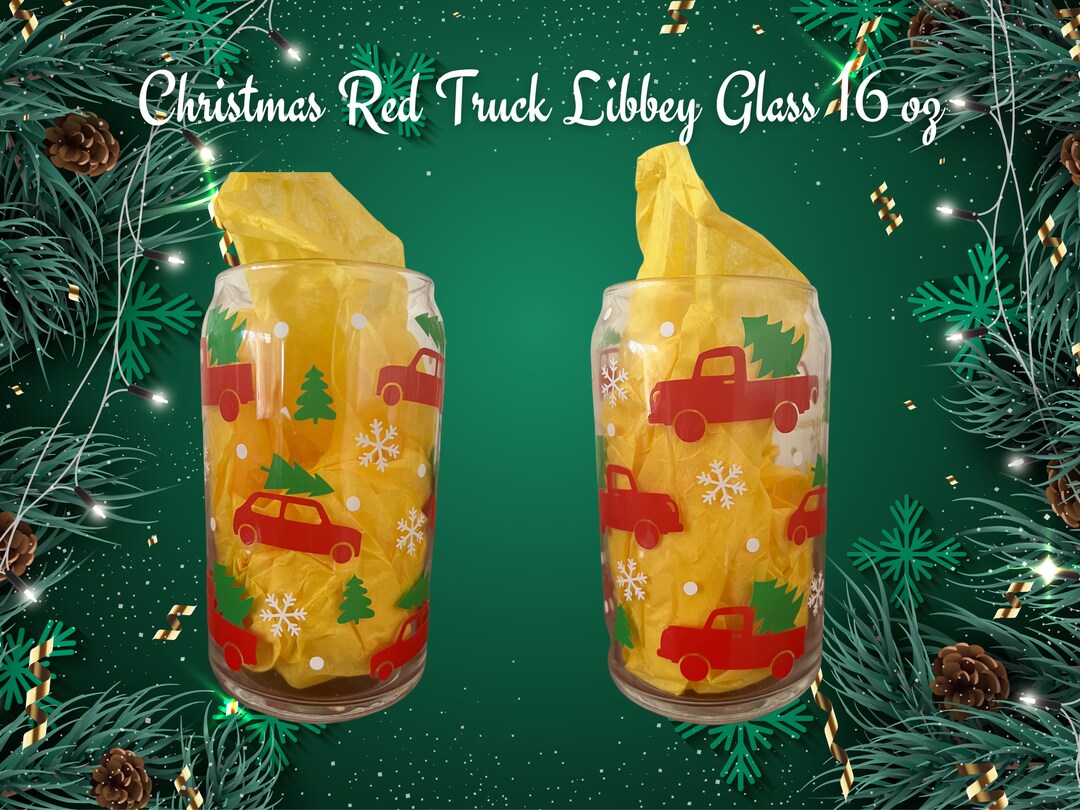 Christmas Red Truck Libbey Can Glass 16 Oz Christmas Tree Etsy