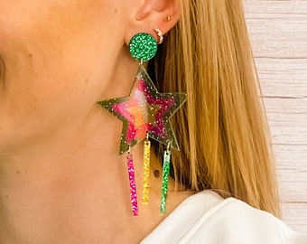 Acrylic Mardi Gras Star Earrings