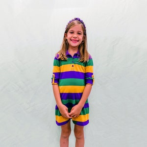 Rugby with Allover Purple Green Gold Stripes Kids Mardi Gras Dress