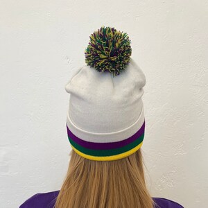 Mardi Gras White Beanie with Pom Pom and Stripes