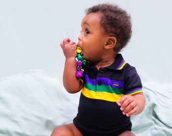 Black Chest Stripe Mardi Gras Unisex Infant Short Sleeve Romper