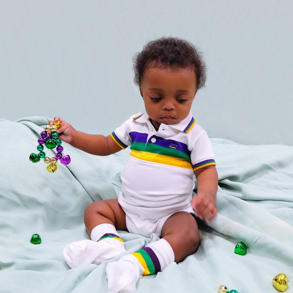 White Chest Stripe Mardi Gras Unisex Infant Short Sleeve Romper