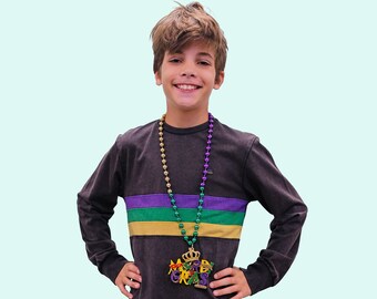 Black Acid Wash with Purple, Green, Gold Chest Stripes Mardi Gras Long Sleeve Shirt