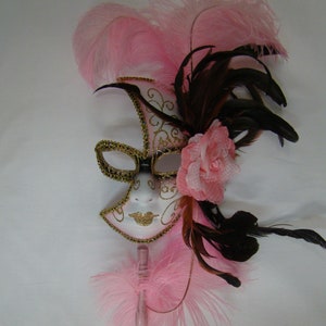 Full Face Mask with Flower, Side Feathers, and Detachable Stick- Gold