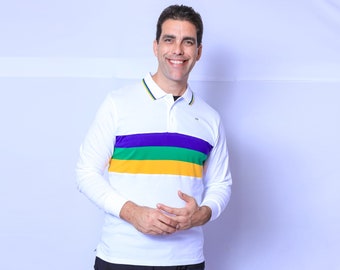 Adult White with Purple Green Gold Chest Stripes Mardi Gras Long Sleeve Polo Shirt