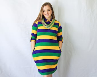Rugby Women’s Mardi Gras Dress with Purple Green and Gold Chest Stripes