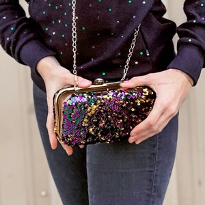 Purple, Green, and Gold Reversible Sequin Confetti Clutch