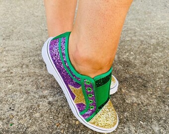 Purple Green and Gold Glitter Star Slip On Sneakers