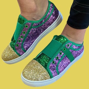 Purple Green and Gold Glitter Slip On Sneakers