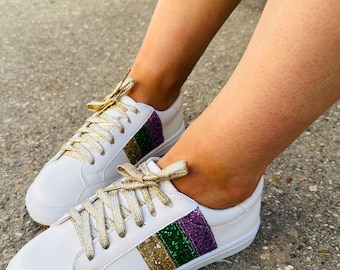 White Mardi Gras Glitter Striped Lace Up Sneakers