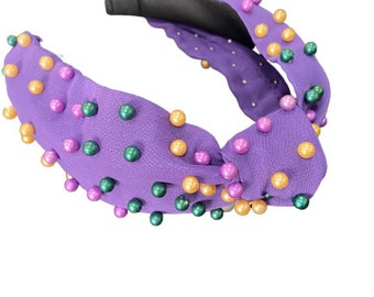 Mardi Gras Knotted Pearl Headband-Purple